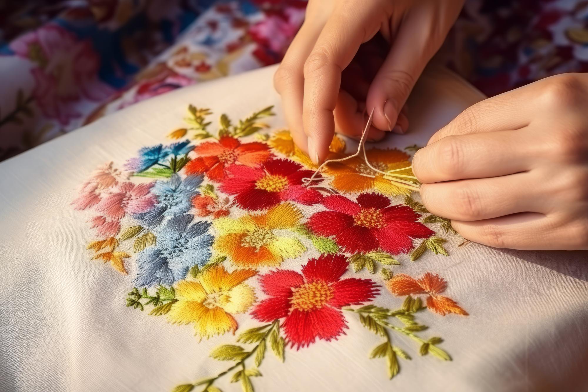 hands embroidering a floral pattern